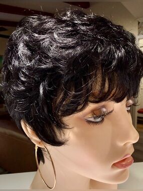 💯% HUMAN Curly/Wavy Pixie with bangs, Jet Black